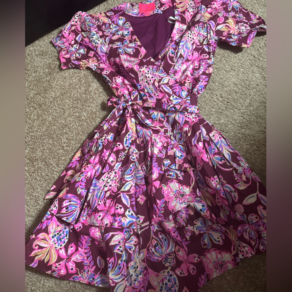 Lilly Pulitzer 4 Alexandria elbow sleeve cotton wrap dress amarena cherry